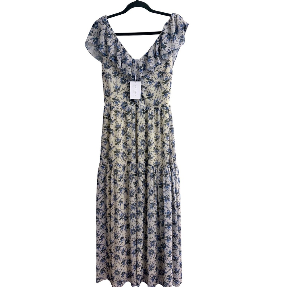 New Lucy Paris Blue Floral Maxi Dress Ruffle V-Neck Smocked Tiered Medium Fairy